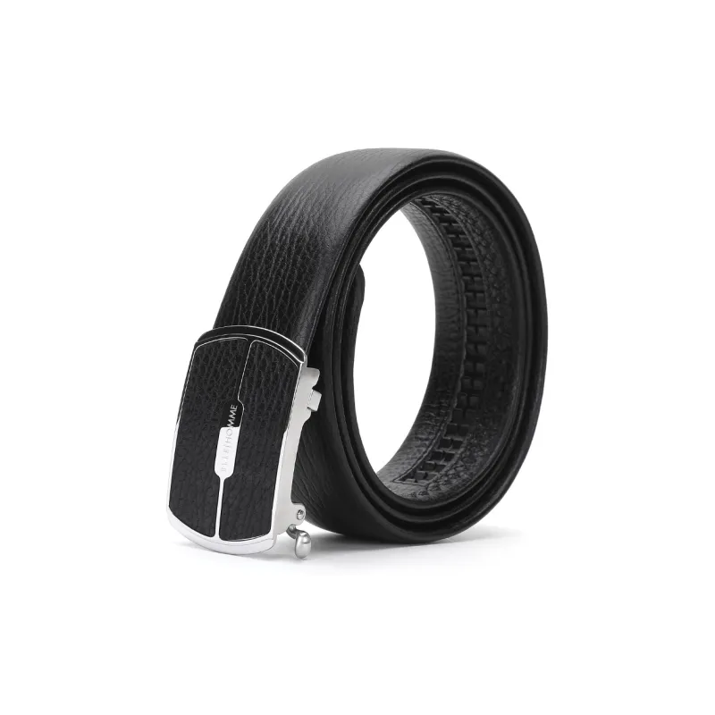 ELLE HOMME Automatic Buckle Belt Top Grain Cow Leather, Black With Metal Buckle, Width 3.7cm Men's-1