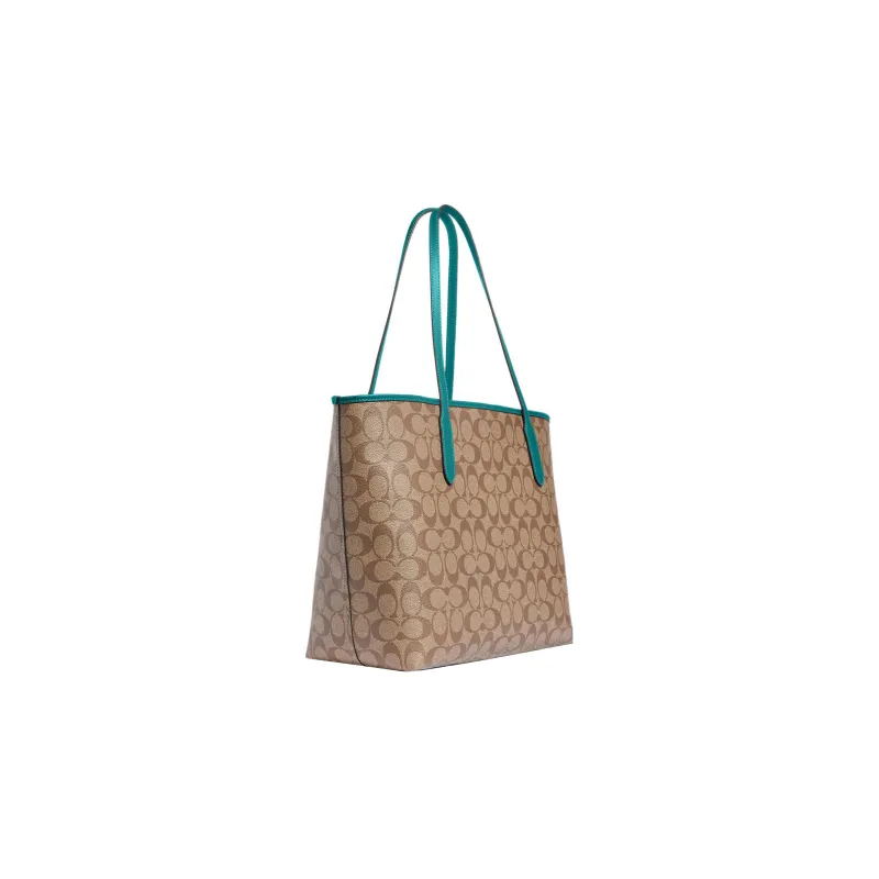 COACH City Canvas With Leather Tote Bag, Shopping Bag, Shoulder Bag, Handbag Large Size Women's Khaki & Blue Green-1