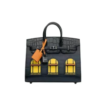 HERMES Birkin Cow Leather With Crocodile Leather Black House Birkin Bag Handbag Medium Size Women's Black