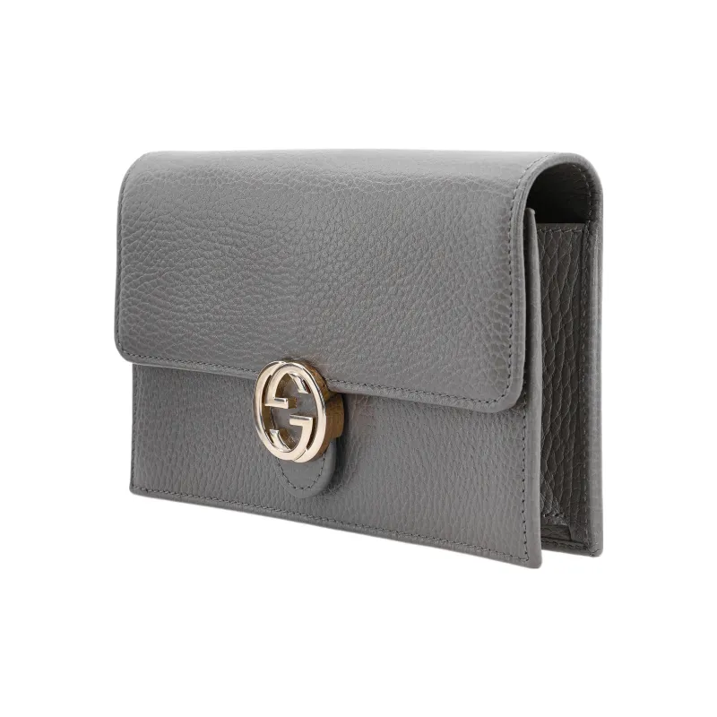 GUCCI Double G Leather WOC Chain Shoulder Messenger Bag Gray-1