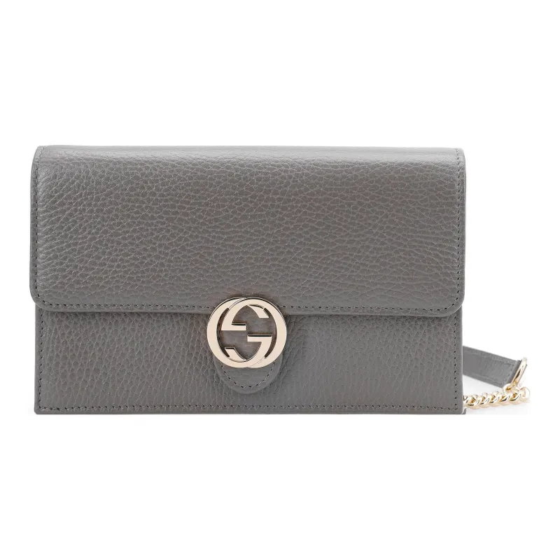 GUCCI Double G Leather WOC Chain Shoulder Messenger Bag Gray-0