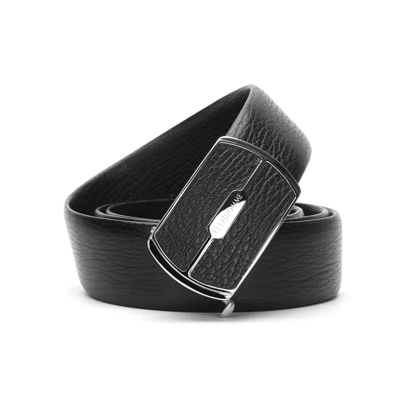 ELLE HOMME Automatic Buckle Belt Top Grain Cow Leather, Black With Metal Buckle, Width 3.7cm Men's-0