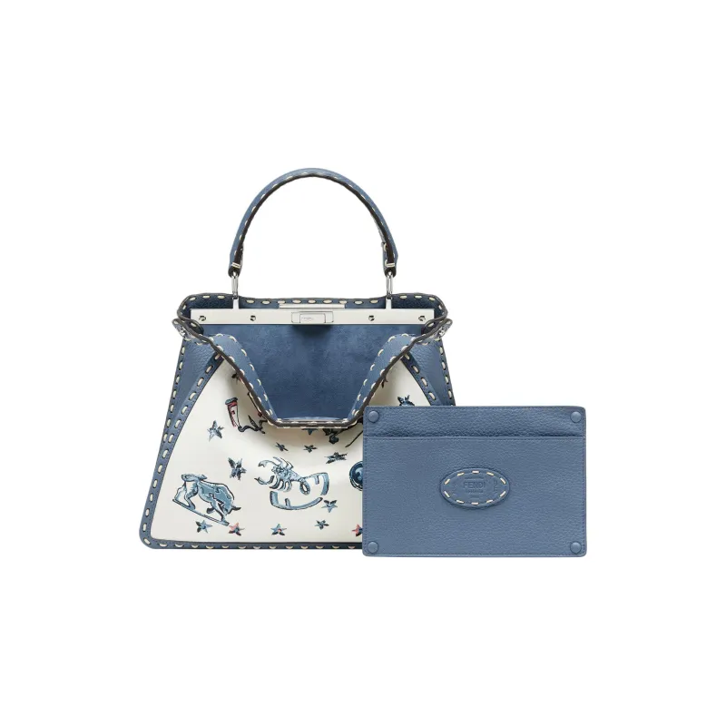 FENDI Peekaboo ISeeU Canvas With Calfskin Shoulder Bag Crossbody Bag Handbag Medium Size Women's Blue/White-2
