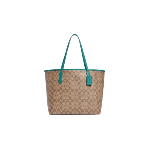 COACH City Canvas With Leather Tote Bag Shopping Bag Shoulder Bag Handbag Large Size Women's Khaki & Turquoise