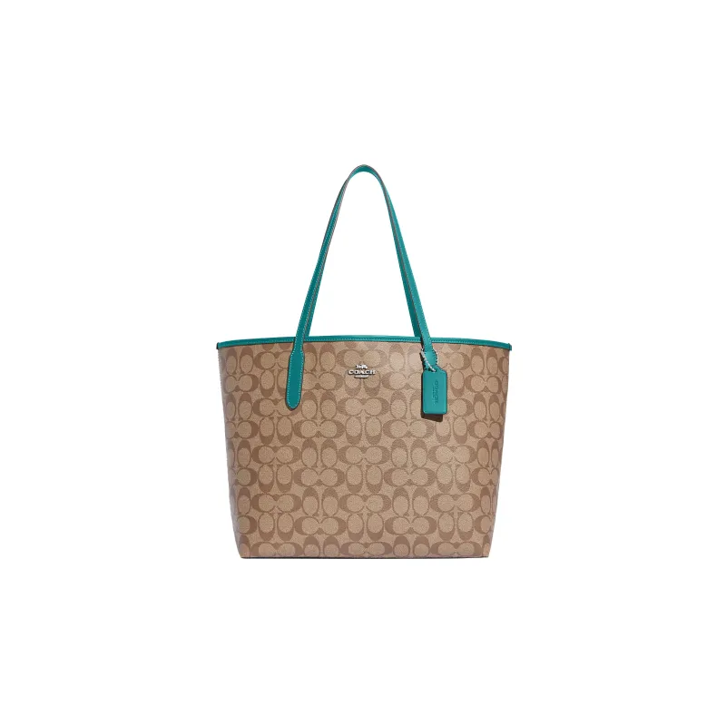 COACH City Canvas With Leather Tote Bag, Shopping Bag, Shoulder Bag, Handbag Large Size Women's Khaki & Blue Green-0