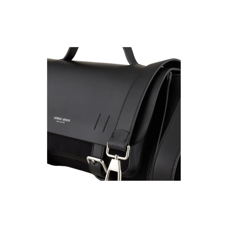 GIORGIO ARMANI Cotton Canvas With Leather Messenger Bag Shoulder Bag Crossbody Bag Handbag Small Size Men's Black-4