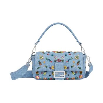 FENDI Baguette Denim Baguette Bag Handbag Shoulder Bag Crossbody Bag Medium Size Women's Light Blue