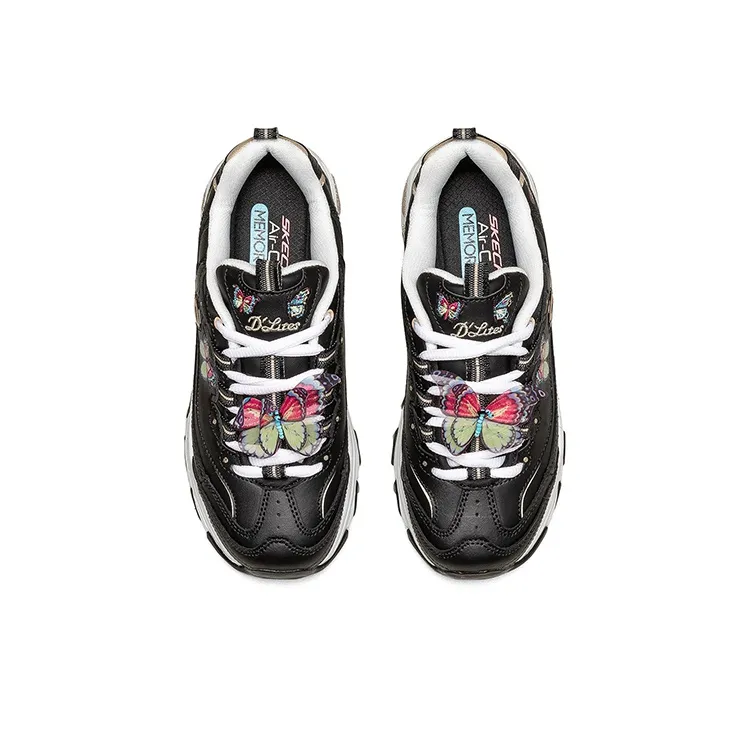 Skechers D'LITES 1.0 Cushioning Anti Slip And Wear Resistant Low Top Casual Shoes Women's Black Multicolor Butterfly-3