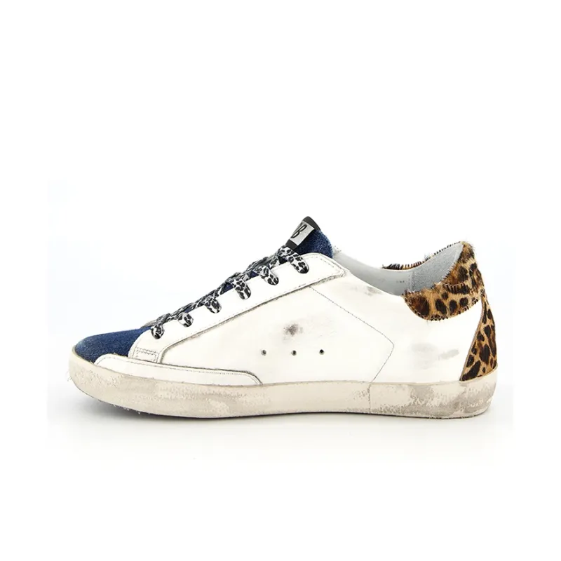 Golden Goose Super Star Low Top Casual Shoes Women's White Blue Leopard Print-1