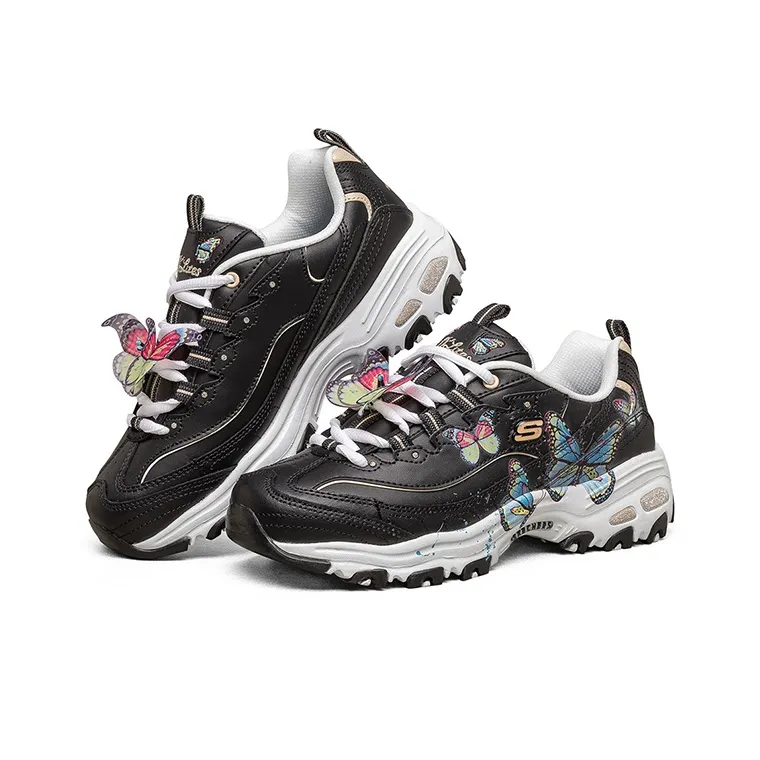 Skechers D'LITES 1.0 Cushioning Anti Slip And Wear Resistant Low Top Casual Shoes Women's Black Multicolor Butterfly-2