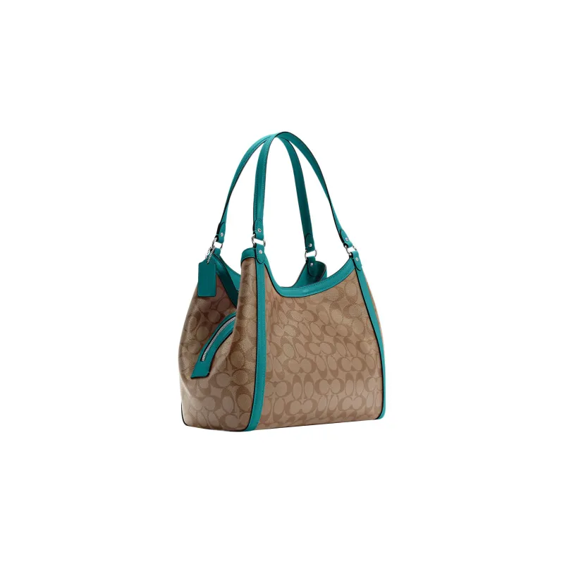 COACH Kristy Canvas With Leather Handbag Shoulder Bag Large Size Women's Brown Multicolor Blue-1