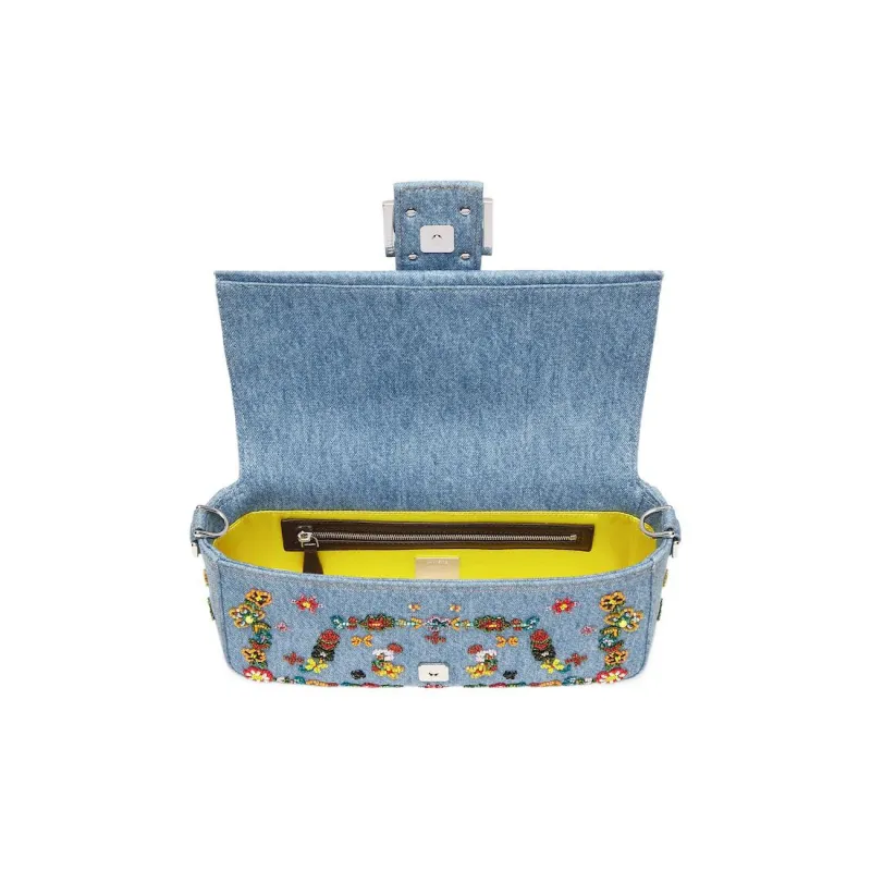 FENDI Baguette Denim Baguette Bag Handbag Shoulder Bag Crossbody Bag Medium Size Women's Light Blue-3