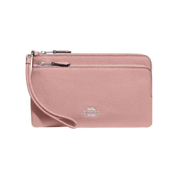 COACH Double Zip Wallet Pebbled Leather Clutches Wallets Small Size Women's Nude Pink