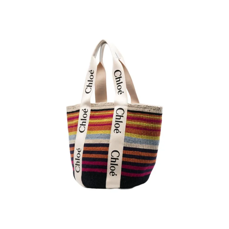 Chloe Woody Wool Blend With Calfskin Detail Tote Bag Shopping Bag Shoulder Bag Handbag Large Size Women's Multicolor-1