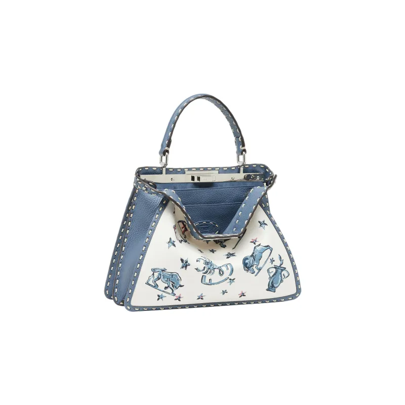 FENDI Peekaboo ISeeU Canvas With Calfskin Shoulder Bag Crossbody Bag Handbag Medium Size Women's Blue/White-3