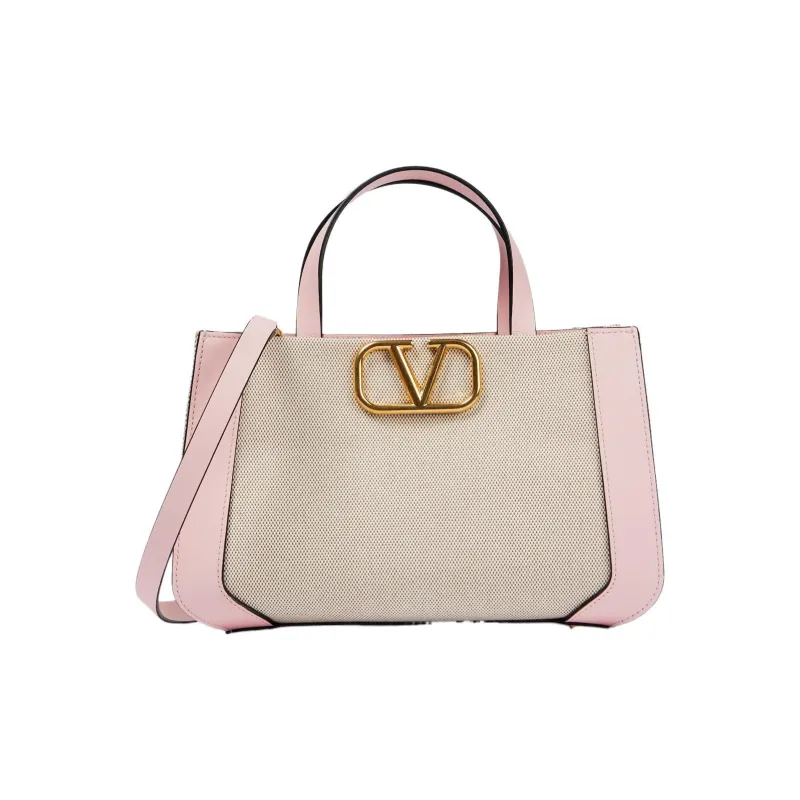 Valentino Canvas With Leather Canvas Bag, Handbag, Shoulder Bag Women's Beige & Rose Pink-1