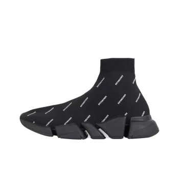 Balenciaga Speed 2.0 Sneakers 'Black Knit With White Allover Logo'