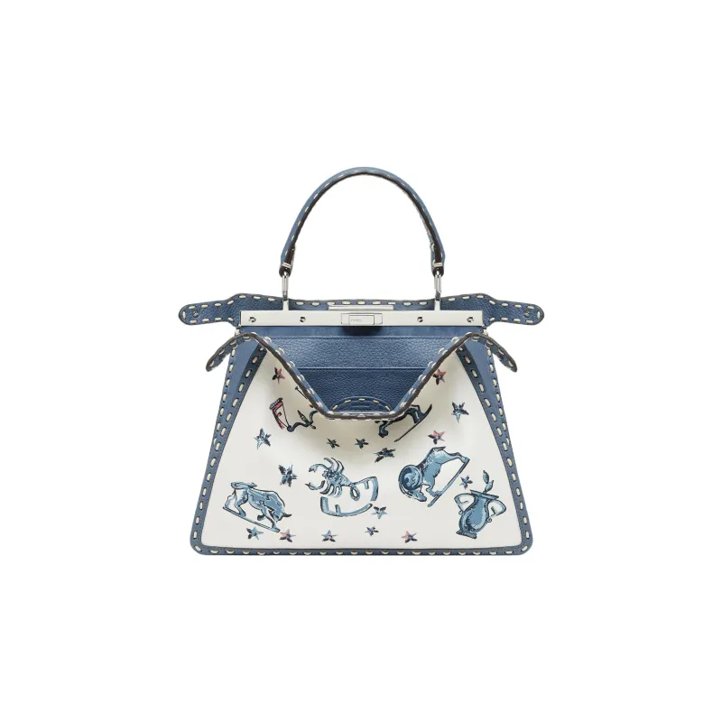 FENDI Peekaboo ISeeU Canvas With Calfskin Shoulder Bag Crossbody Bag Handbag Medium Size Women's Blue/White-1
