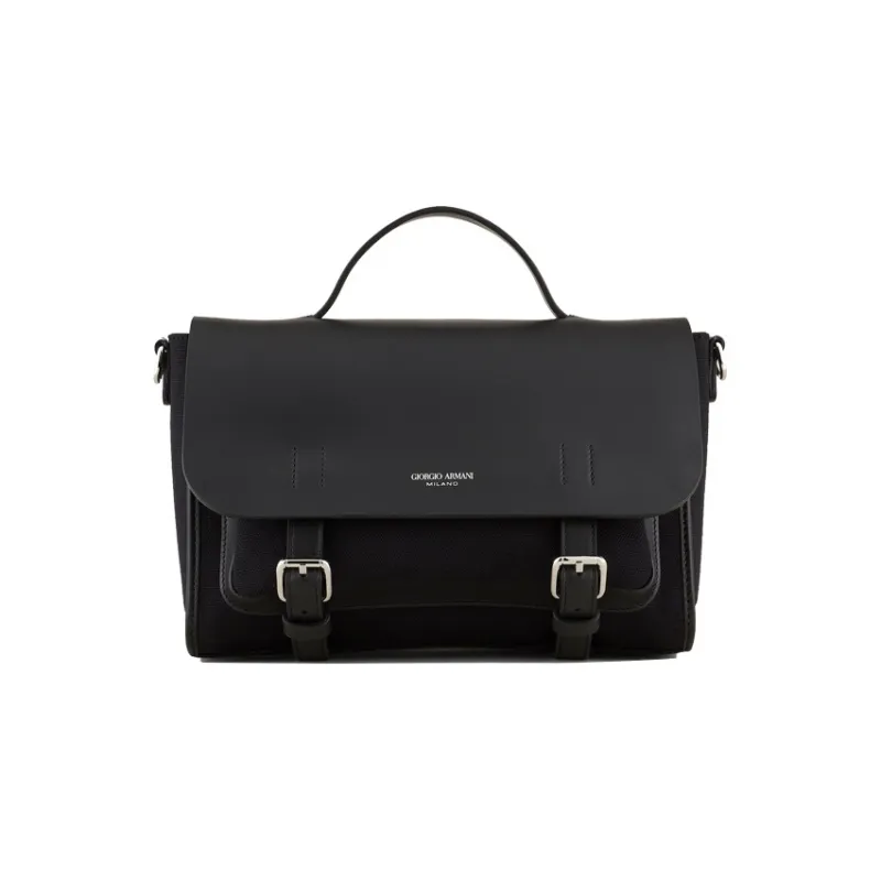 GIORGIO ARMANI Cotton Canvas With Leather Messenger Bag Shoulder Bag Crossbody Bag Handbag Small Size Men's Black-0