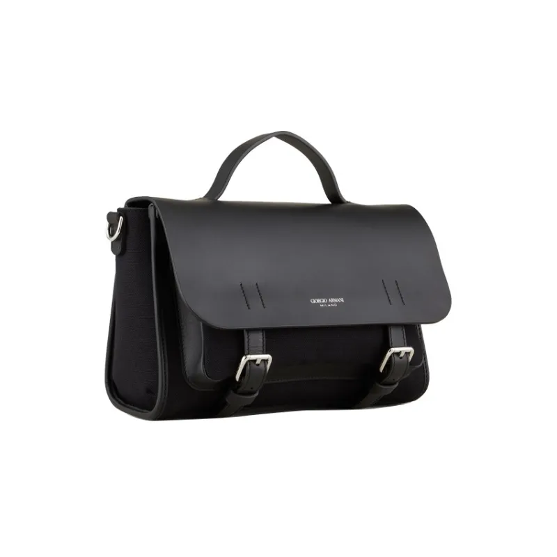 GIORGIO ARMANI Cotton Canvas With Leather Messenger Bag Shoulder Bag Crossbody Bag Handbag Small Size Men's Black-1