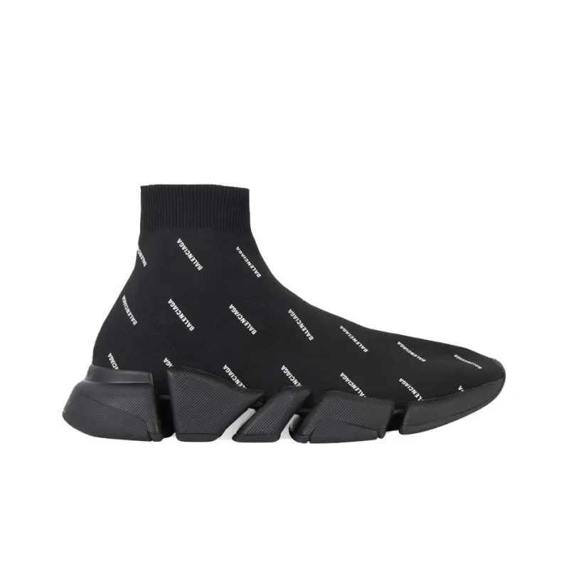 Balenciaga Speed 2.0 Sneakers 'Black Knit With White Allover Logo'-1
