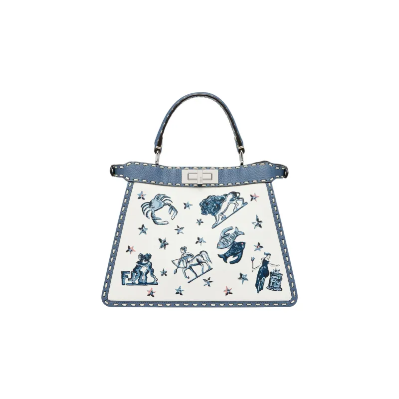 FENDI Peekaboo ISeeU Canvas With Calfskin Shoulder Bag Crossbody Bag Handbag Medium Size Women's Blue/White-4