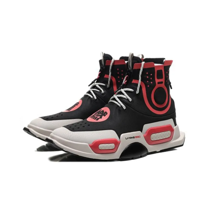 LiNing Reburn Slip Resistant And Abrasion Resistant Coverage High Top Sports Casual Shoes Men's Black Red-2