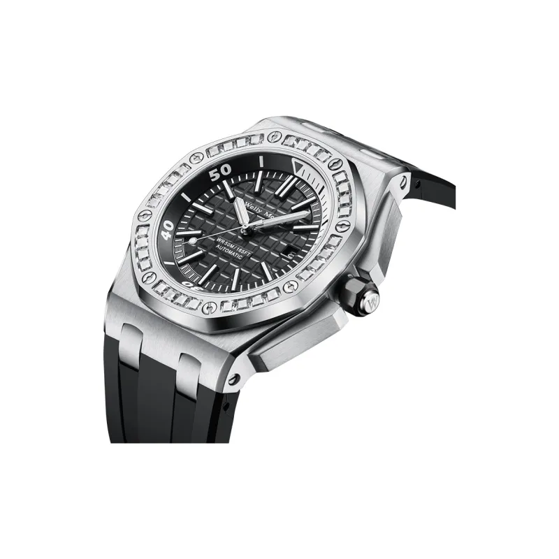 Welly Merck Automatic Mechanical Movement Men's Watches Wrist Watches 42 Black Dial Rubber Strap Wm112m-7