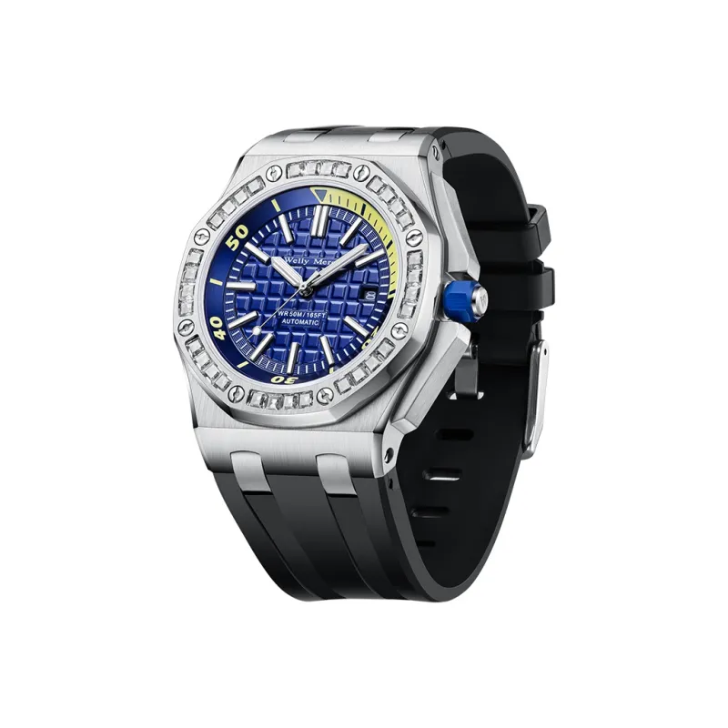 Welly Merck Automatic Mechanical Movement Men's Watches Wrist Watches 42 Black Dial Rubber Strap Wm112m-15