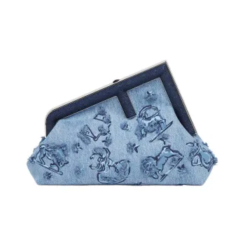 FENDI Denim Shoulder Bag Crossbody Bag Clutches Small Size Women's Light Blue