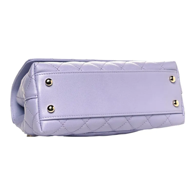 CHANEL Coco Handle Embossed Caviar Cow Leather Flap Bag, One Shoulder Handbag Trumpets Women's Light Purple-4