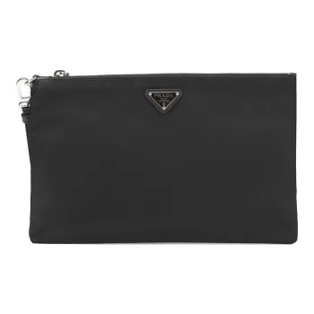 PRADA Recycled Nylon/Cow Leather Toiletry Bag Handheld Briefcases Large Size Men's Black/Silver