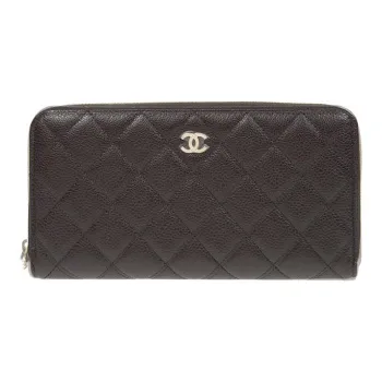 CHANEL Embossed Shiny Calfskin Wallet Women's Deep Red