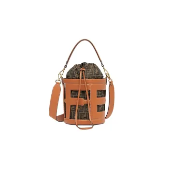 FENDI Leather With Jacquard Fabric Shoulder Bag, Crossbody Bag, Handbag Medium Size Women's Brown