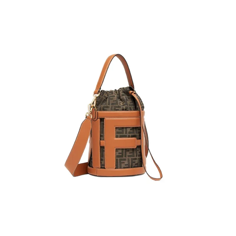 FENDI Leather With Jacquard Fabric Shoulder Bag, Crossbody Bag, Handbag Medium Size Women's Brown-1