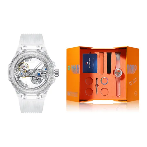HANBORO All Black Collection Automatic Mechanical Movement Silicone Strap Watch Unisex White Dial HBR986 BB