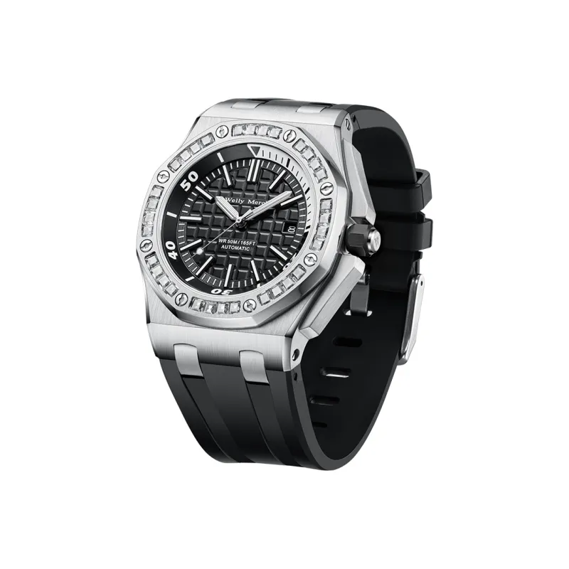 Welly Merck Automatic Mechanical Movement Men's Watches Wrist Watches 42 Black Dial Rubber Strap Wm112m-6