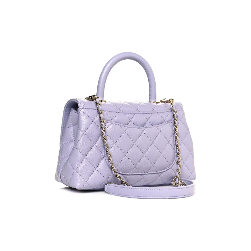 CHANEL Coco Handle Embossed Caviar Cow Leather Flap Bag, One Shoulder Handbag Trumpets Women's Light Purple-3
