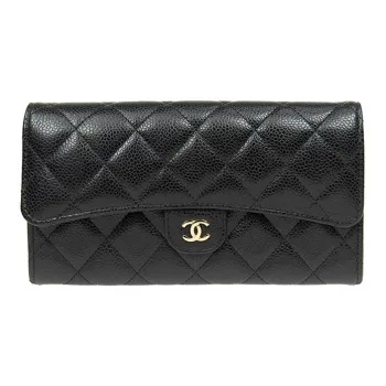 CHANEL Beaded Embossed Calfskin With Metal Accents Card Holder Wallet Women's Black
