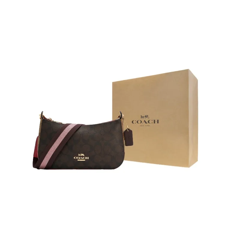 COACH Jes Canvas With Leather Shoulder Bag, Crossbody Bag Medium Size Women's Dark Brown & Bright Pink-7