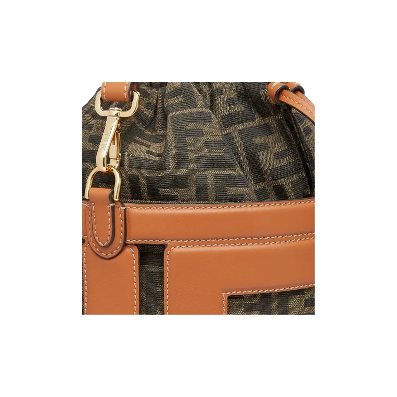 FENDI Leather With Jacquard Fabric Shoulder Bag, Crossbody Bag, Handbag Medium Size Women's Brown-4