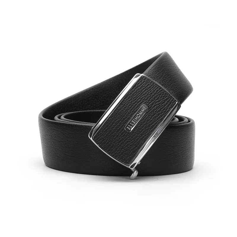 ELLE HOMME Automatic Buckle Steel Buckle Double Head Box Top Grain Cow Leather Belts Men's Black Width 3.7cm-1
