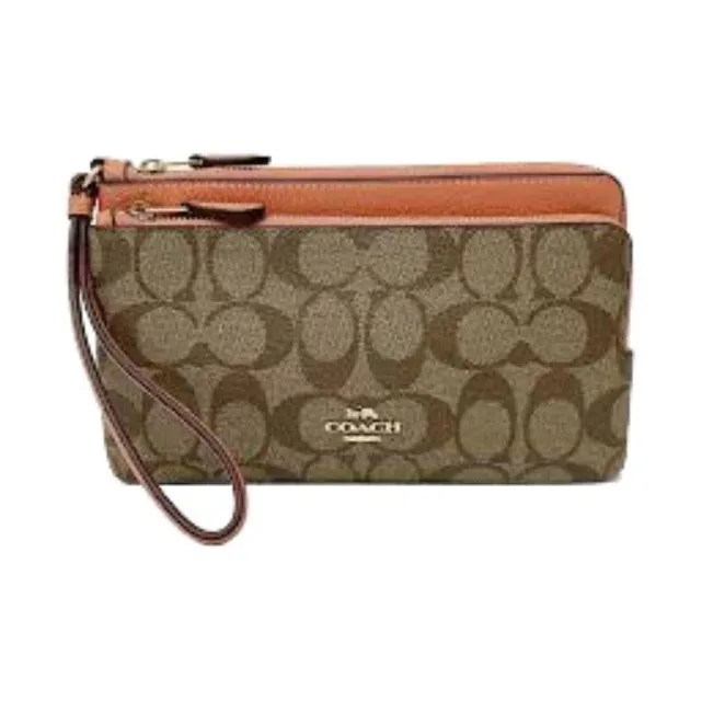 COACH Double Zip Wallet Canvas With Pebbled Leather Accents Wallet Women's Khaki With Light Coral-1