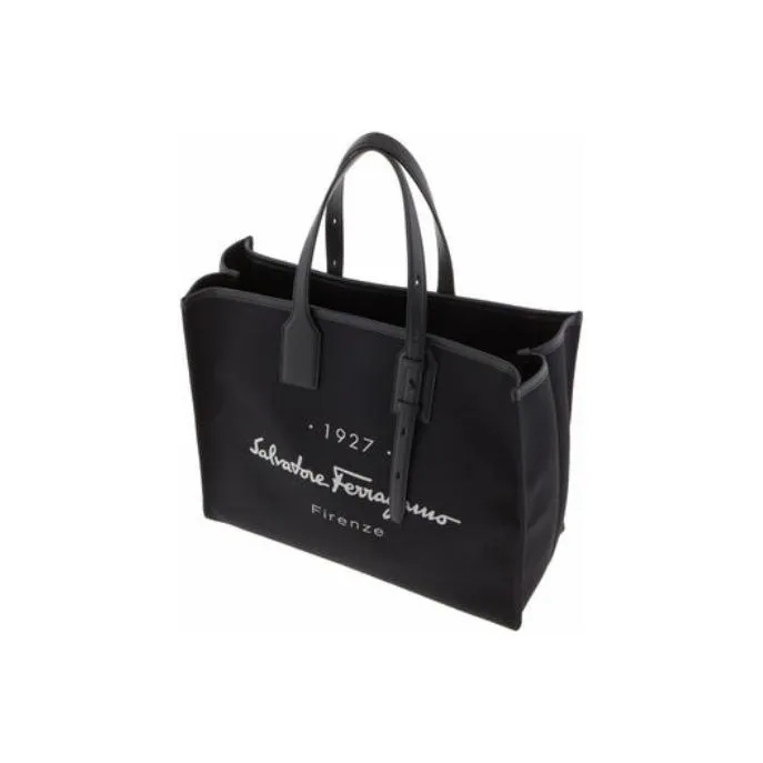 FERRAGAMO Fabric With Calfskin Tote Bag Shopping Bag Handbag Large Size Men's Black-2