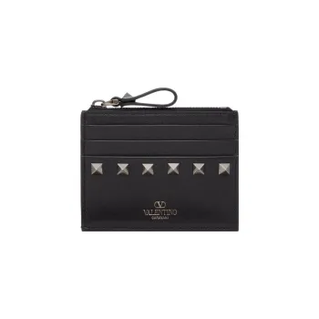 Valentino ROCKSTUD Calfskin Coin Purses Card Holders Women's Black