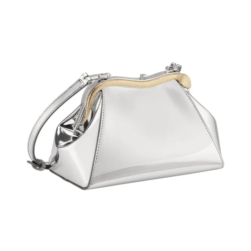 BVLGARI Serpentine Calfskin Clutch Small Size Women's Silver-3
