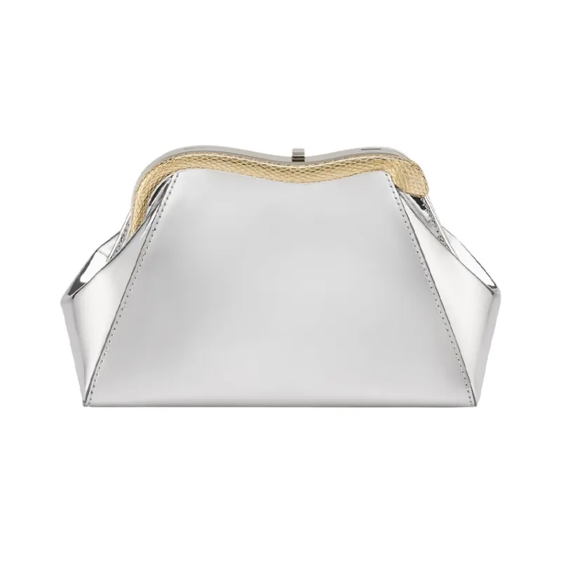 BVLGARI Serpentine Calfskin Clutch Small Size Women's Silver-5