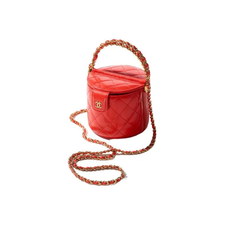 CHANEL 23C Early Spring Sheepskin Bucket Bag, Picnic Bag, Handbag, Shoulder Bag, Crossbody Bag Women's Red-2
