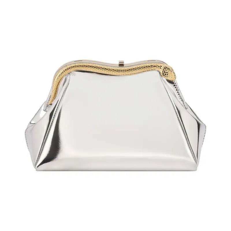 BVLGARI Serpentine Calfskin Clutch Small Size Women's Silver-6