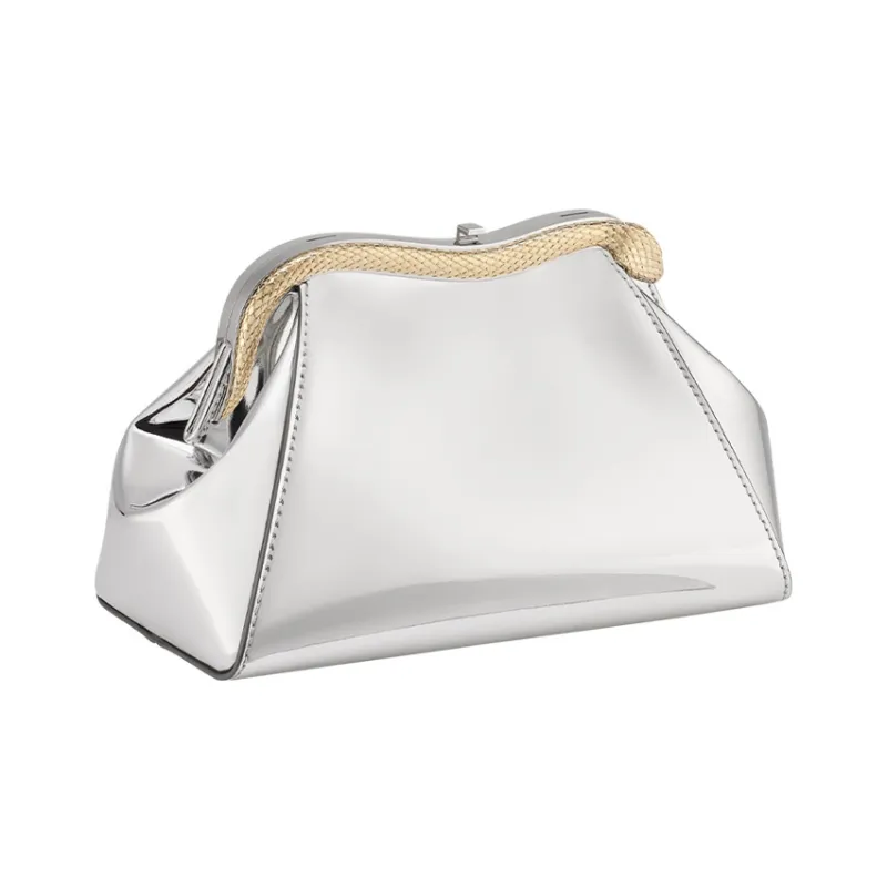 BVLGARI Serpentine Calfskin Clutch Small Size Women's Silver-4